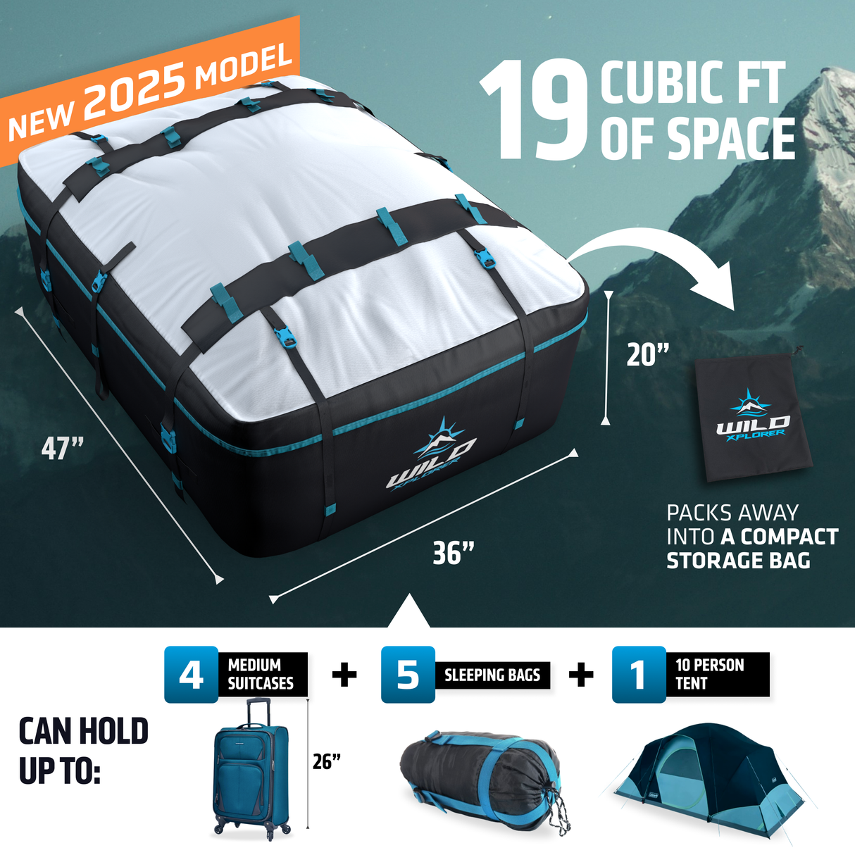 19 cu ft Rooftop Cargo Carrier – Waterproof, Universal Fit with Door Hooks & Non-Slip Mat