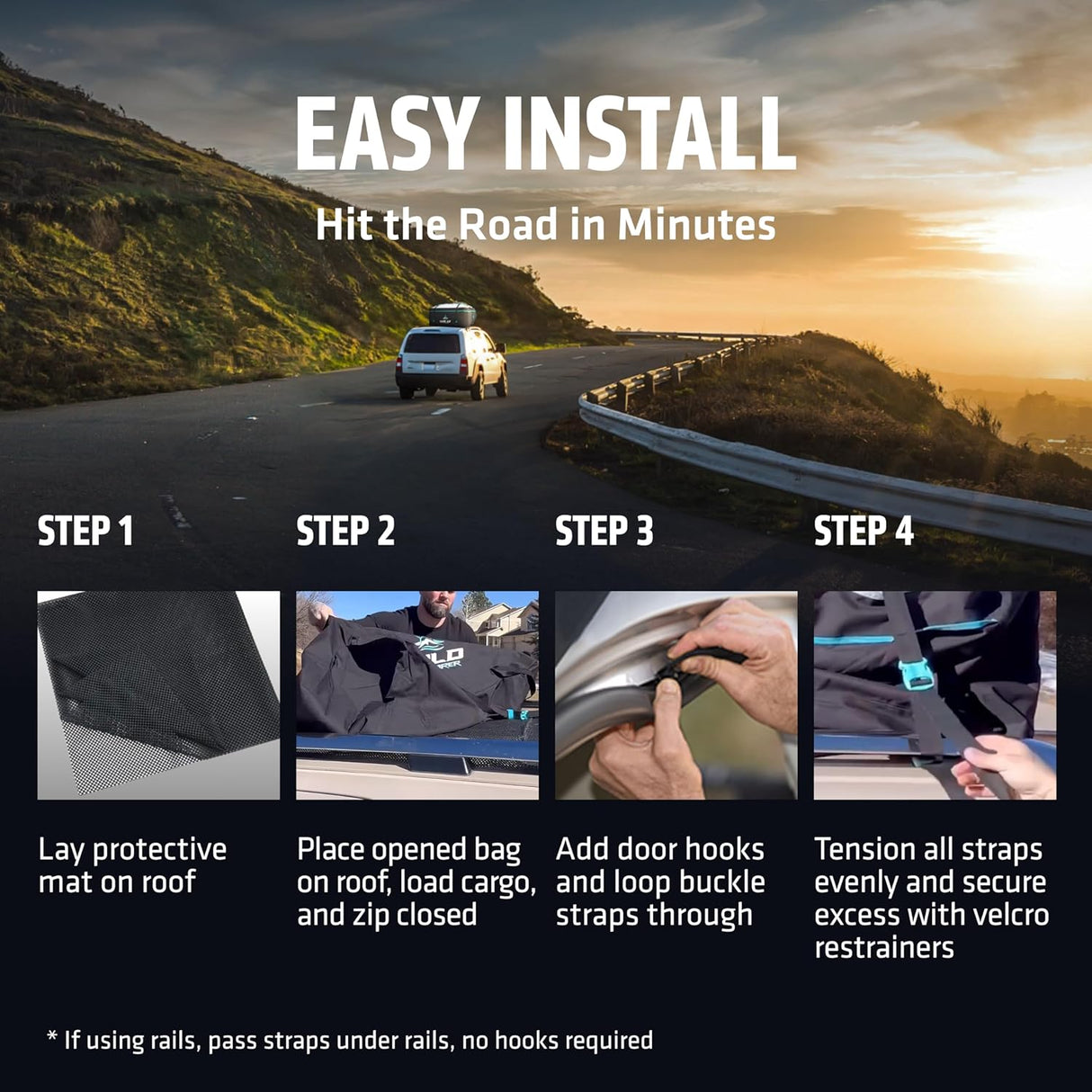 Rooftop Cargo Carrier - 15 Cubic Feet (L), Waterproof Soft Shell Car Roof Cargo Carrier, Heavy Duty Car Top Luggage Cargo Bag with Patented Door Hooks and Non-Slip Mat