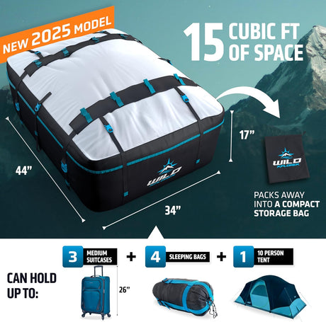Rooftop Cargo Carrier - 15 Cubic Feet (L), Waterproof Soft Shell Car Roof Cargo Carrier, Heavy Duty Car Top Luggage Cargo Bag with Patented Door Hooks and Non-Slip Mat